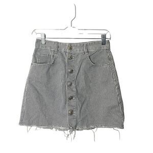 Zara Houndstooth Denim Button Front Mini Skirt W/ Frayed Hem Women's Size Small